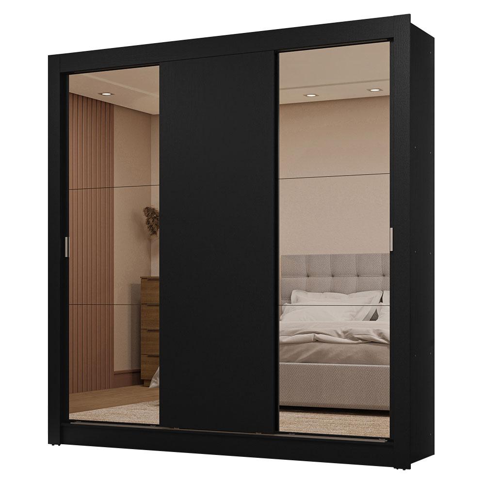 Guarda-Roupa Casal 3 Portas de Correr com Espelhos 2 Gavetas Preto Sublime Madesa