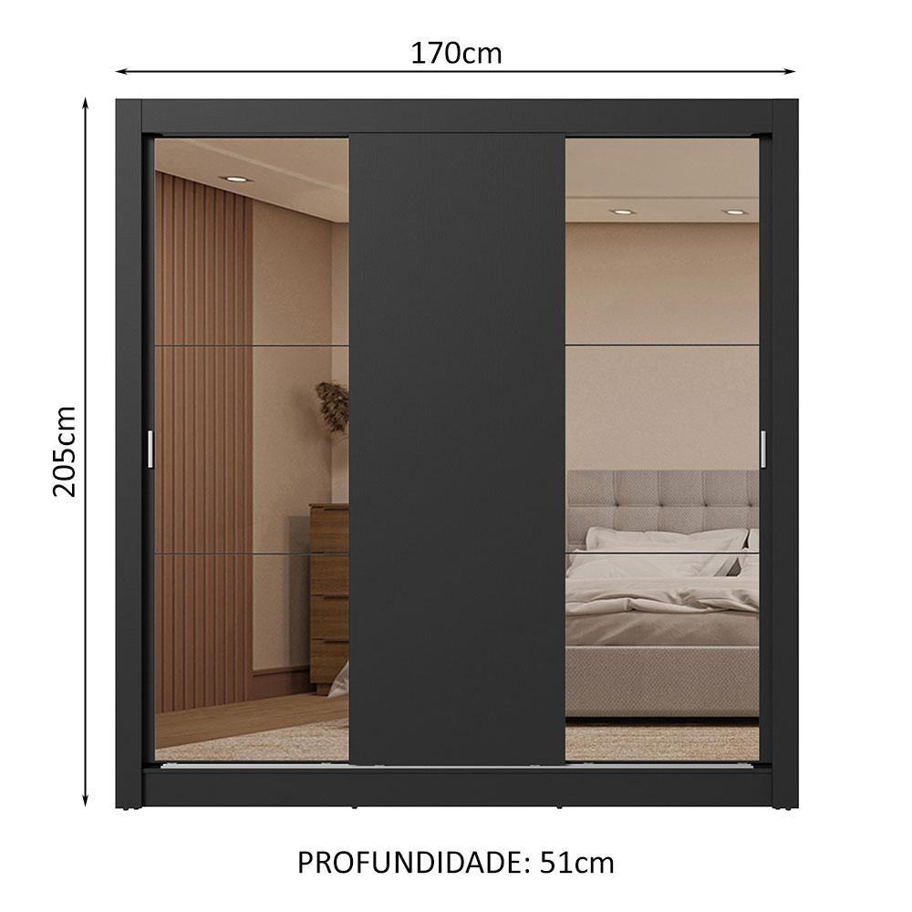 Guarda-Roupa Casal 3 Portas de Correr com Espelhos 2 Gavetas Preto Sublime Madesa