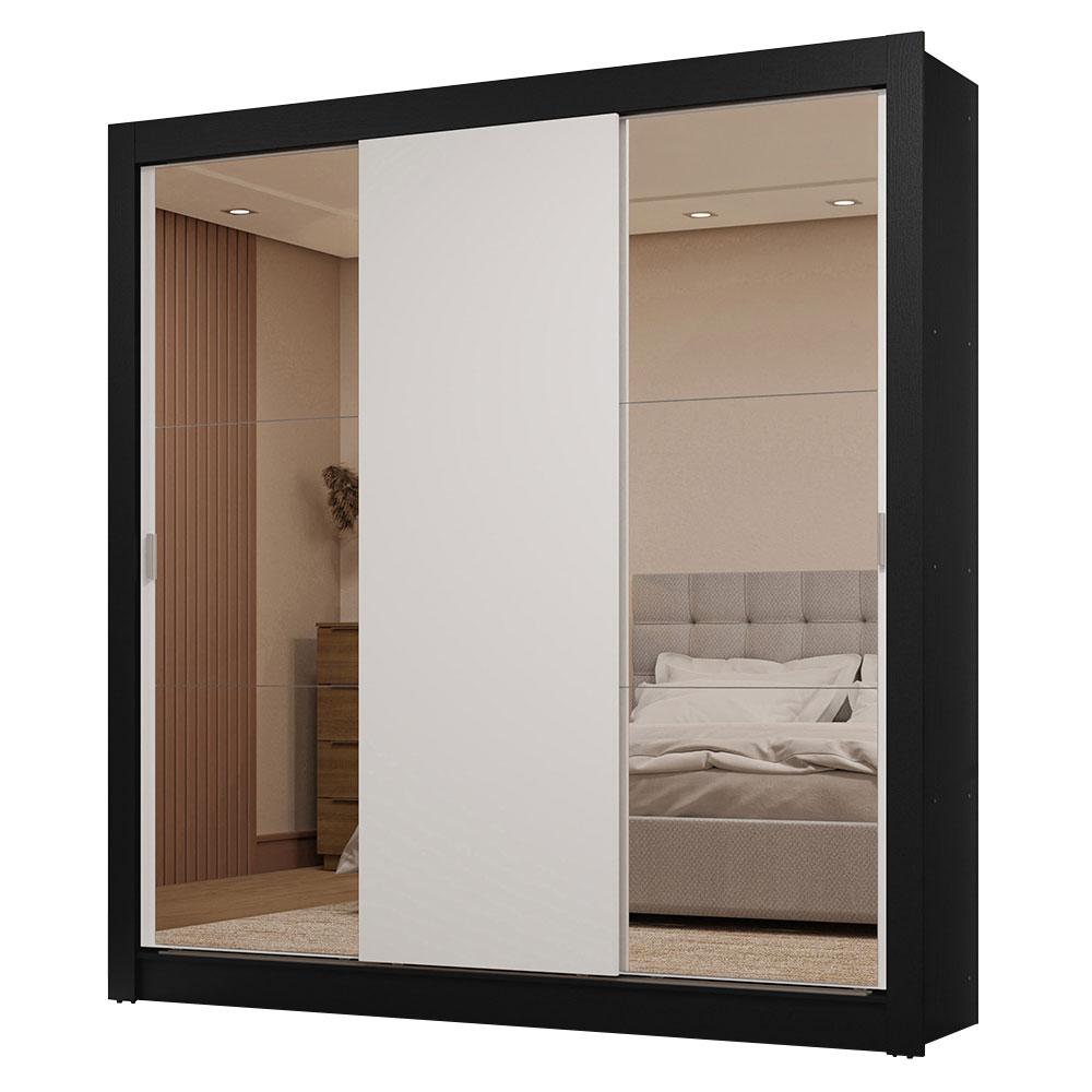 Guarda-Roupa Casal 3 Portas de Correr com Espelhos 2 Gavetas Preto/Branco Sublime Madesa