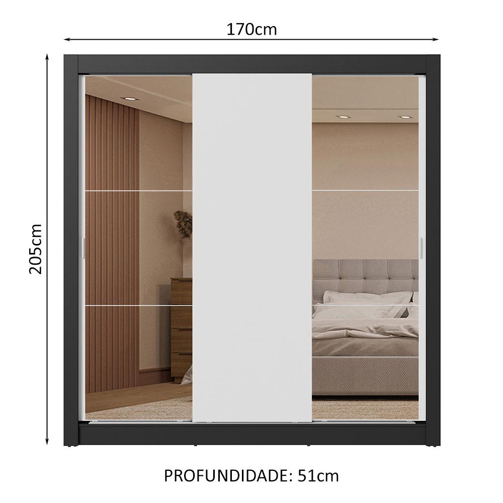 Guarda-Roupa Casal 3 Portas de Correr com Espelhos 2 Gavetas Preto/Branco Sublime Madesa