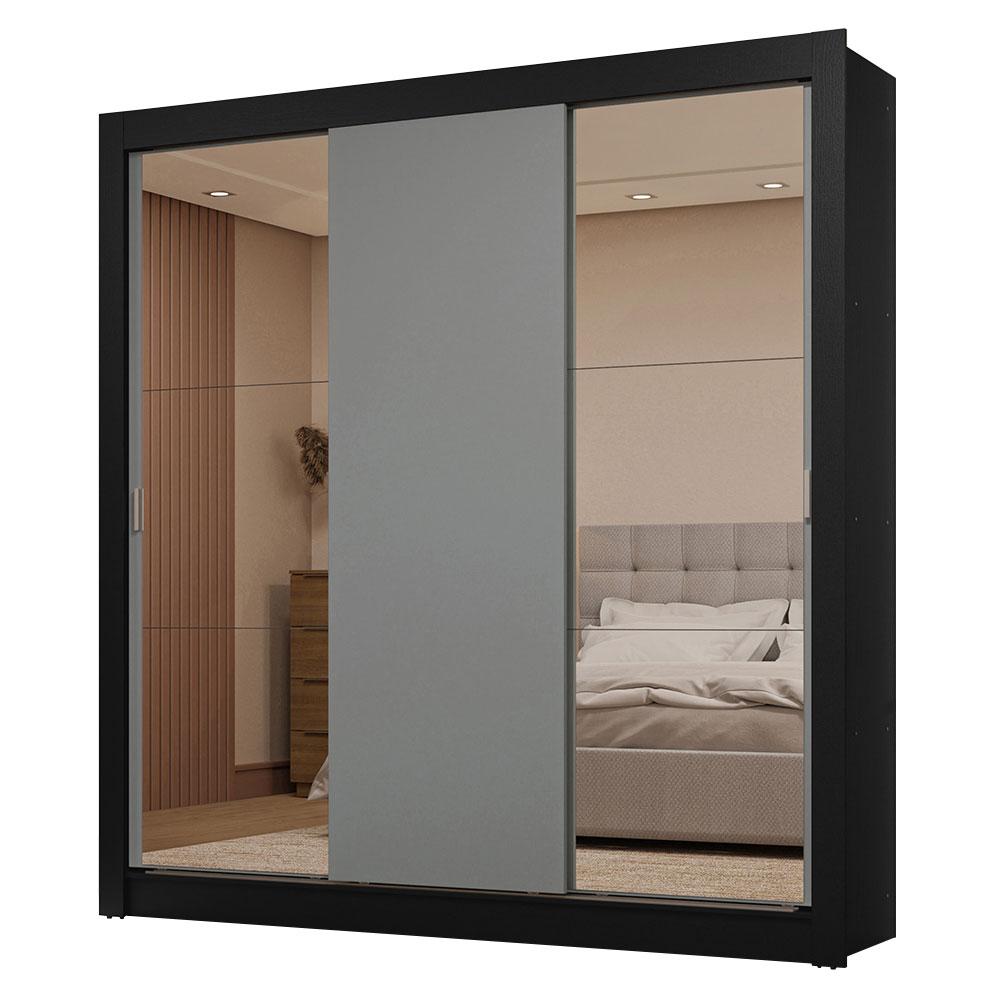 Guarda-Roupa Casal 3 Portas de Correr com Espelhos 2 Gavetas Preto/Cinza Sublime Madesa