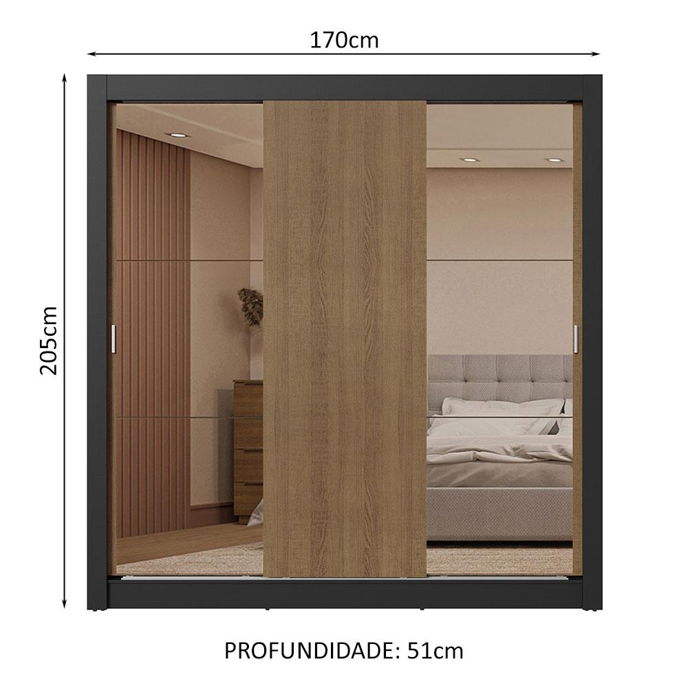 Guarda-Roupa Casal 3 Portas de Correr com Espelhos 2 Gavetas Preto/Rustic Sublime Madesa