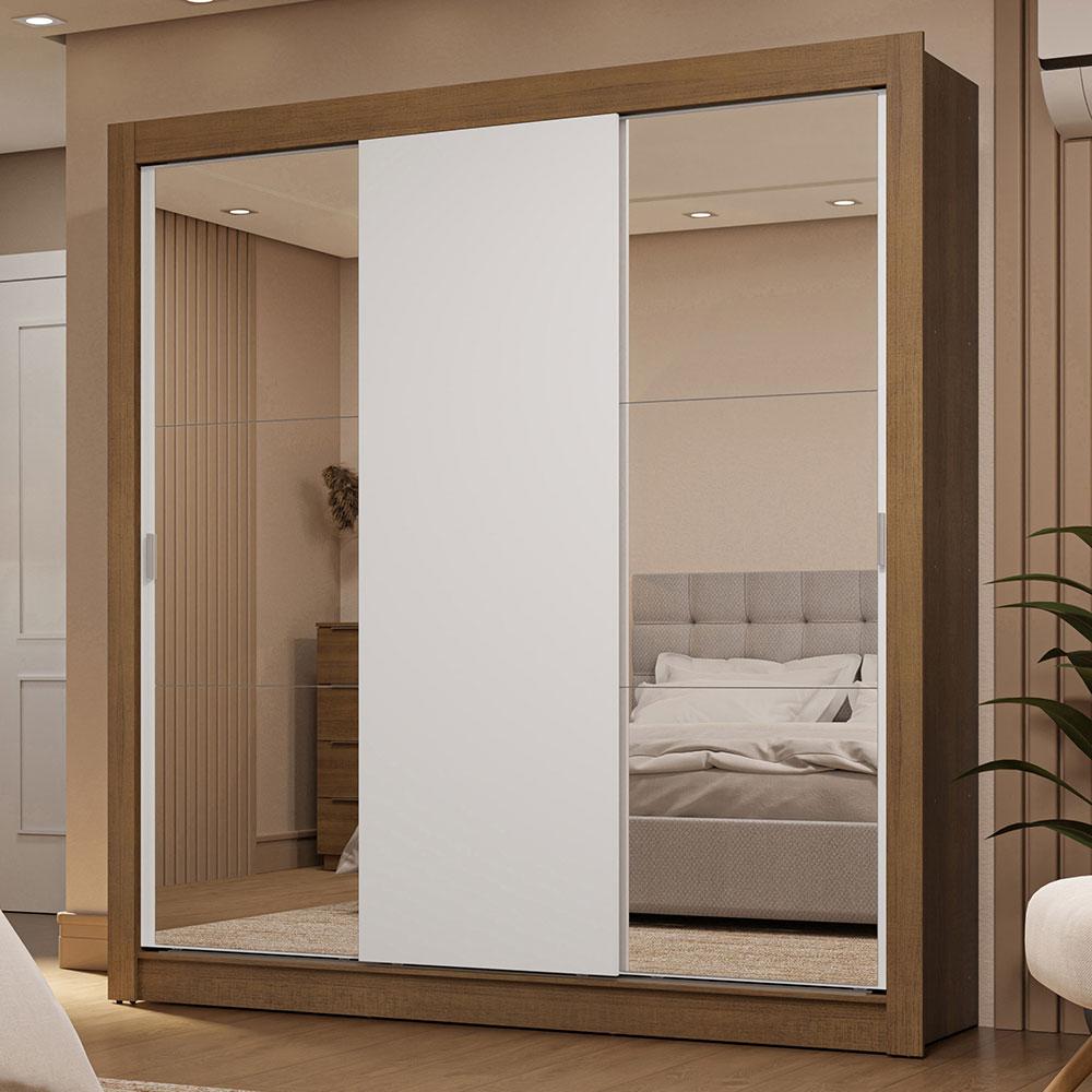 Guarda-Roupa Casal 3 Portas de Correr com Espelhos 2 Gavetas Rustic/Branco Sublime Madesa