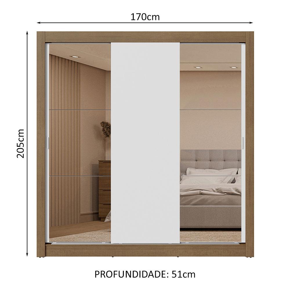 Guarda-Roupa Casal 3 Portas de Correr com Espelhos 2 Gavetas Rustic/Branco Sublime Madesa