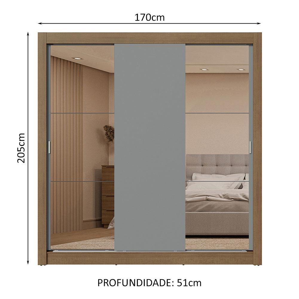 Guarda-Roupa Casal 3 Portas de Correr com Espelhos 2 Gavetas Rustic/Cinza Sublime Madesa