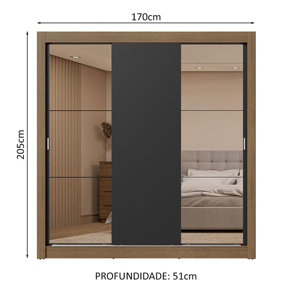 Guarda-Roupa Casal 3 Portas de Correr com Espelhos 2 Gavetas Rustic/Preto Sublime Madesa