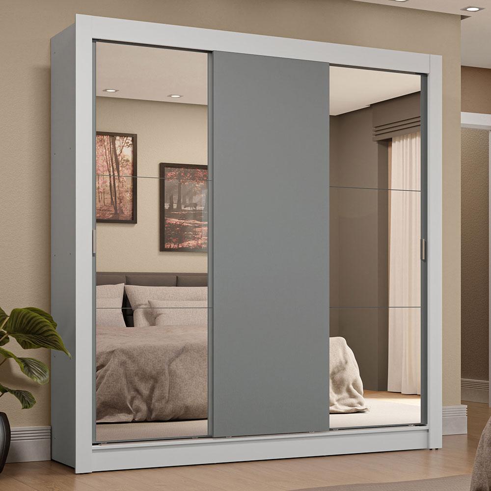 Guarda-Roupa Casal 3 Portas de Correr com Espelhos 4 Gavetas Branco/Cinza Sublime Plus Madesa