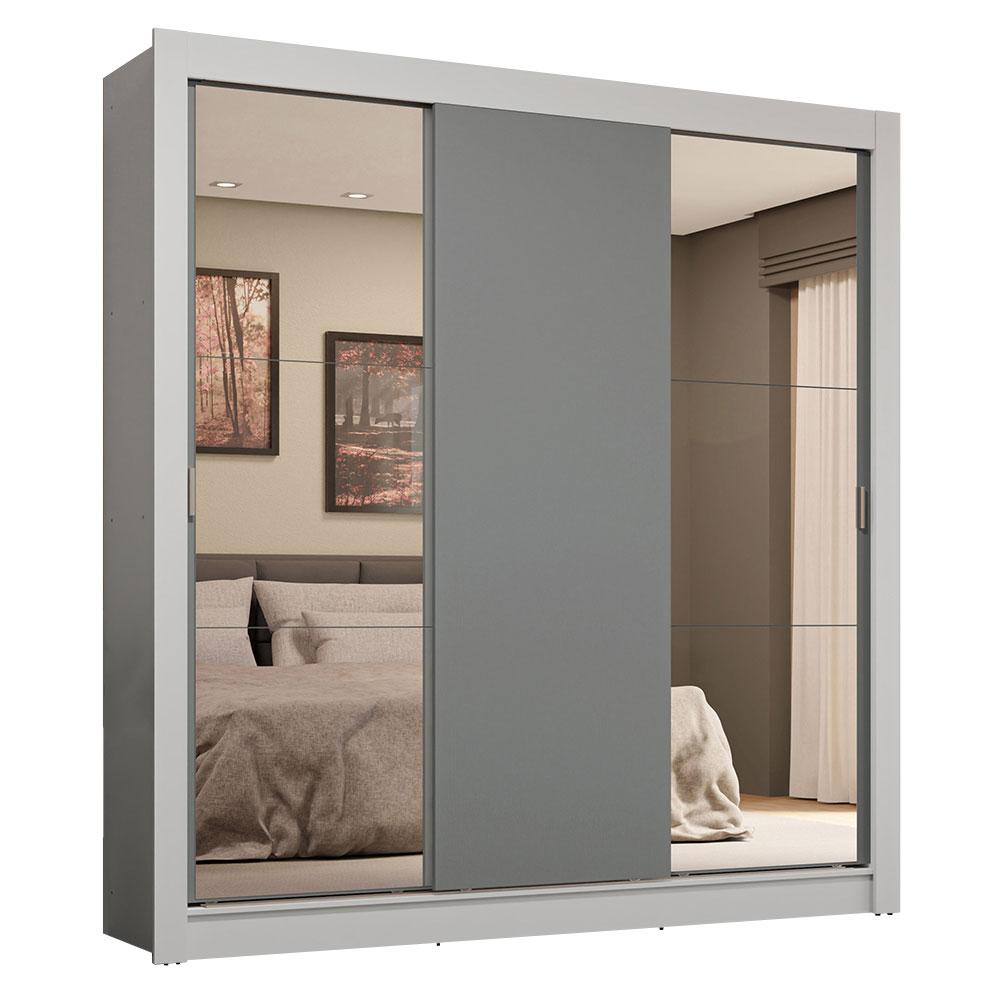 Guarda-Roupa Casal 3 Portas de Correr com Espelhos 4 Gavetas Branco/Cinza Sublime Plus Madesa