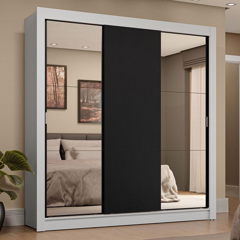 Guarda-Roupa Casal 3 Portas de Correr com Espelhos 4 Gavetas Branco/Preto Sublime Plus Madesa