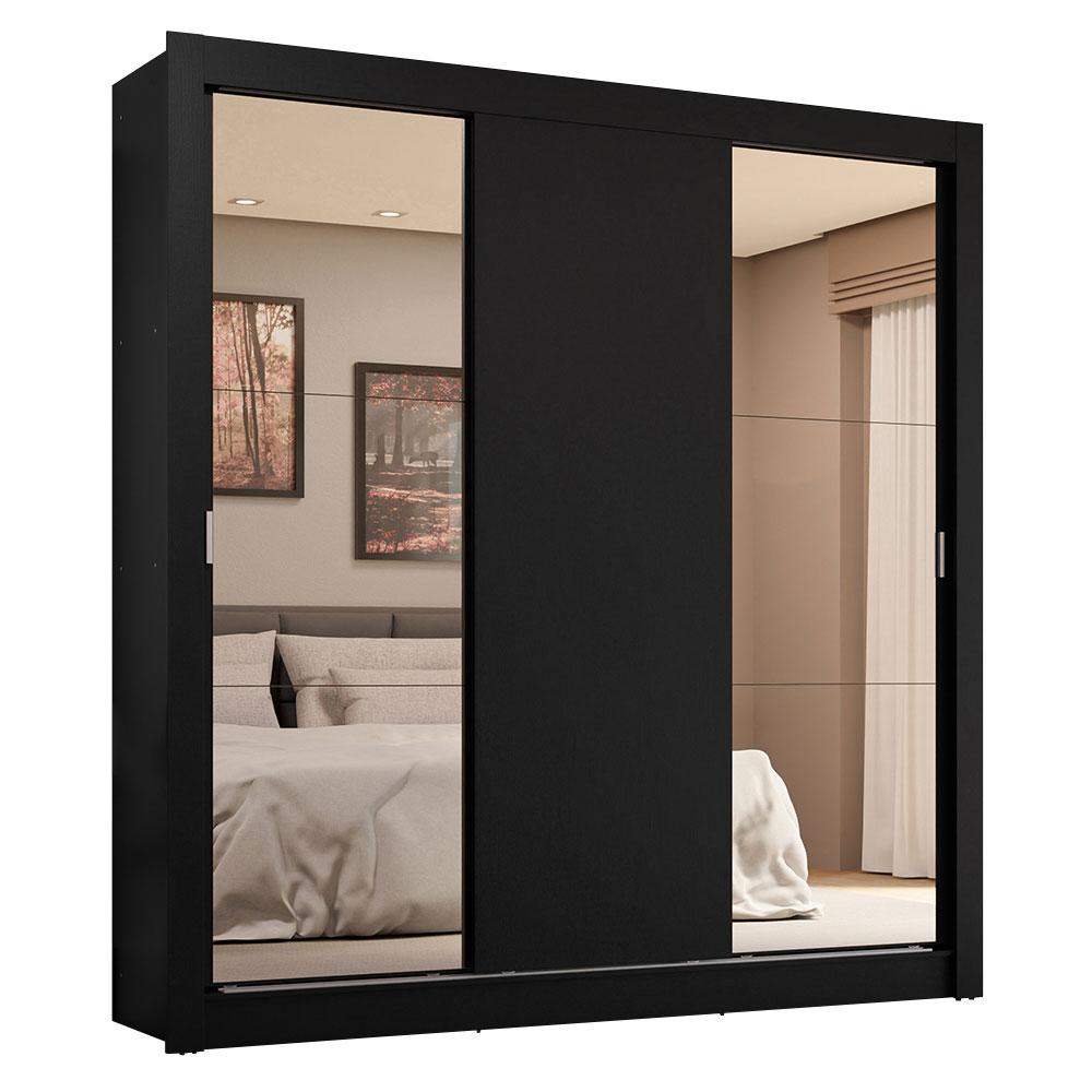 Guarda-Roupa Casal 3 Portas de Correr com Espelhos 4 Gavetas Preto Sublime Plus Madesa