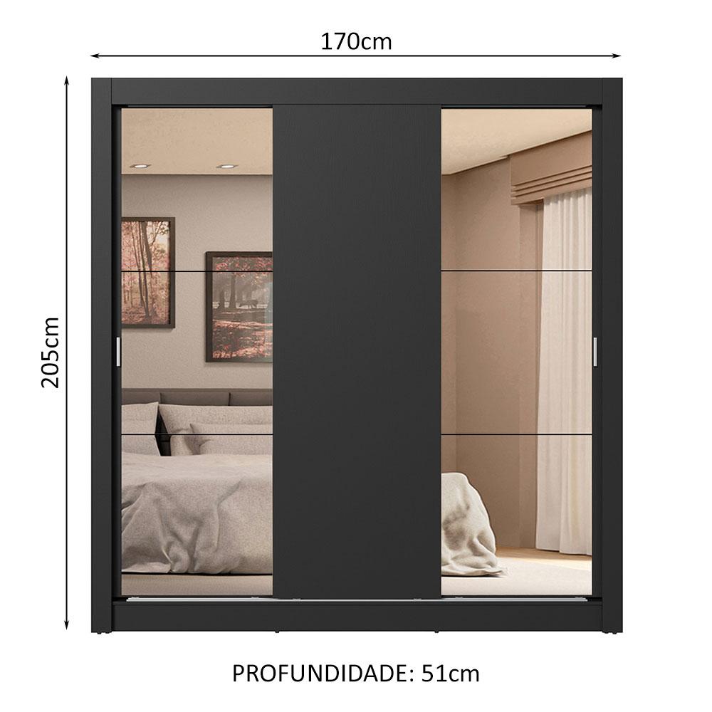 Guarda-Roupa Casal 3 Portas de Correr com Espelhos 4 Gavetas Preto Sublime Plus Madesa