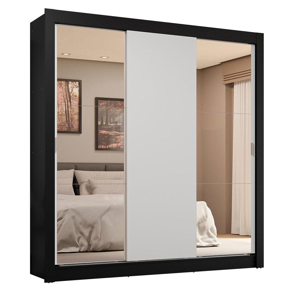 Guarda-Roupa Casal 3 Portas de Correr com Espelhos 4 Gavetas Preto/Branco Sublime Plus Madesa