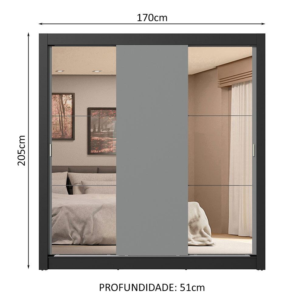Guarda-Roupa Casal 3 Portas de Correr com Espelhos 4 Gavetas Preto/Cinza Sublime Plus Madesa