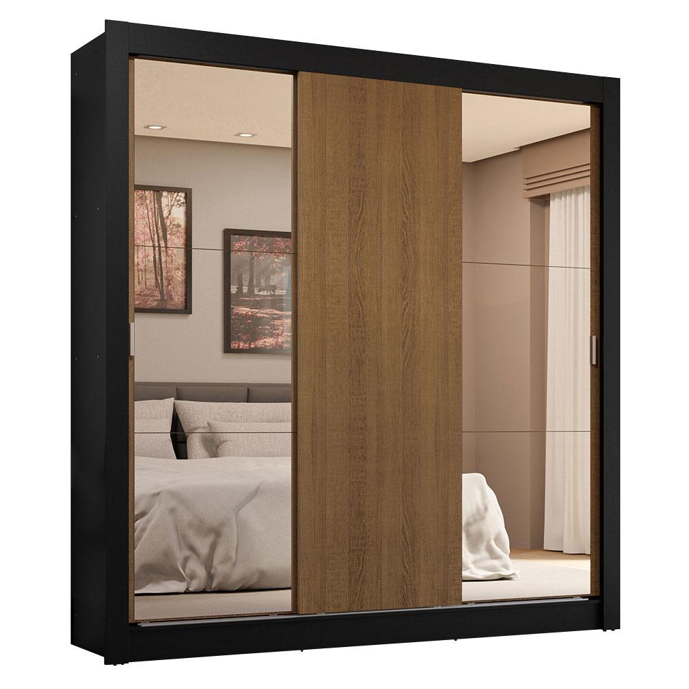 Guarda-Roupa Casal 3 Portas de Correr com Espelhos 4 Gavetas Preto/Rustic Sublime Plus Madesa