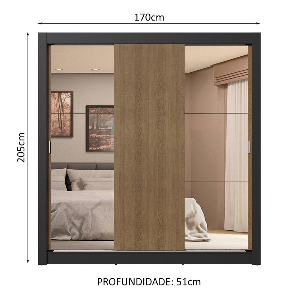 Guarda-Roupa Casal 3 Portas de Correr com Espelhos 4 Gavetas Preto/Rustic Sublime Plus Madesa