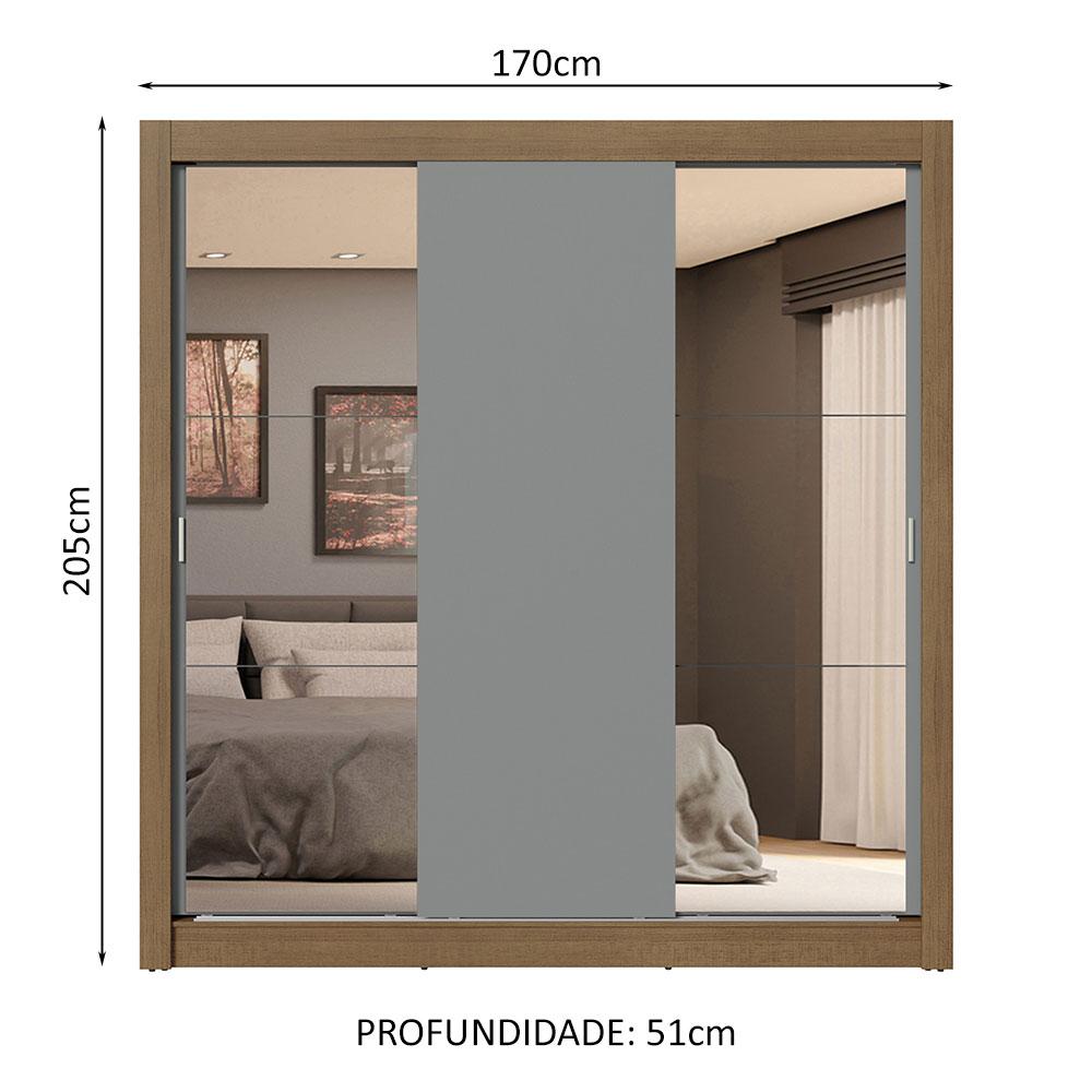 Guarda-Roupa Casal 3 Portas de Correr com Espelhos 4 Gavetas Rustic/Cinza Sublime Plus Madesa