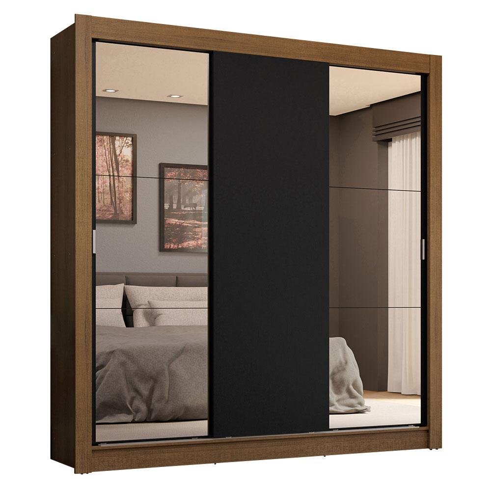 Guarda-Roupa Casal 3 Portas de Correr com Espelhos 4 Gavetas Rustic/Preto Sublime Plus Madesa