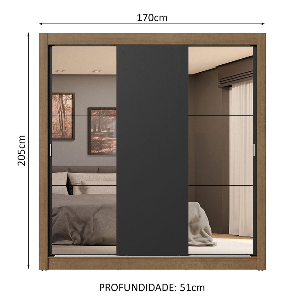 Guarda-Roupa Casal 3 Portas de Correr com Espelhos 4 Gavetas Rustic/Preto Sublime Plus Madesa