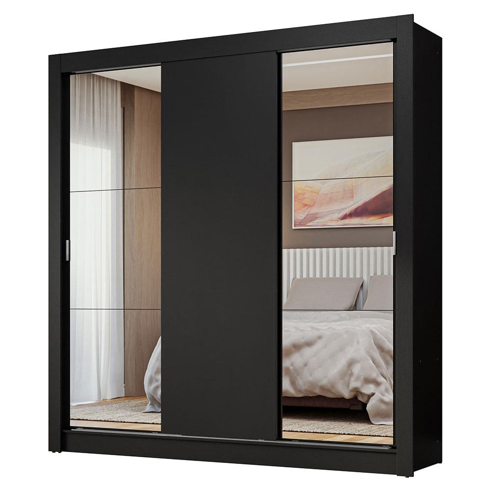 Guarda-Roupa Casal 3 Portas de Correr com Espelhos Preto Nobre Madesa