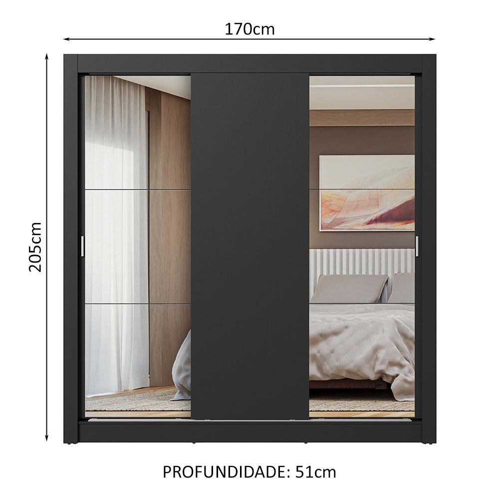 Guarda-Roupa Casal 3 Portas de Correr com Espelhos Preto Nobre Madesa