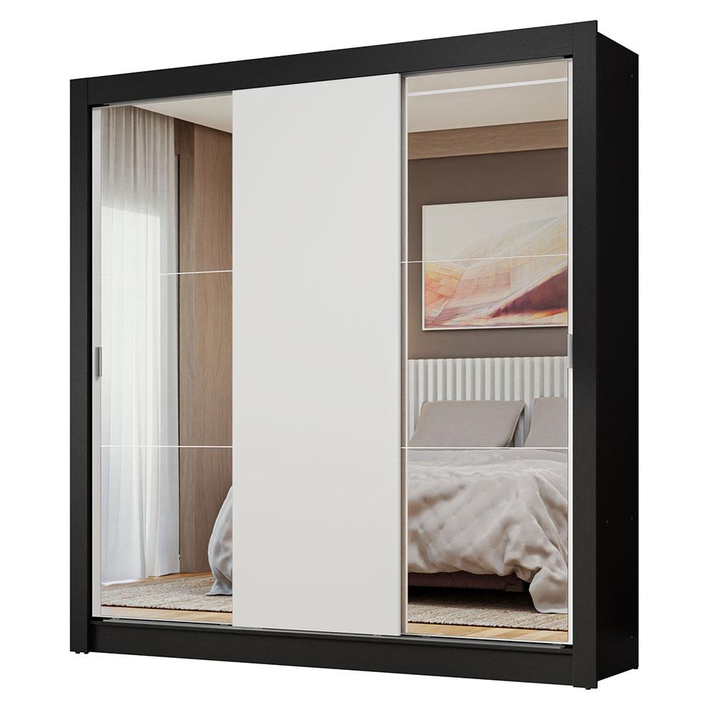 Guarda-Roupa Casal 3 Portas de Correr com Espelhos Preto/Branco Nobre Madesa