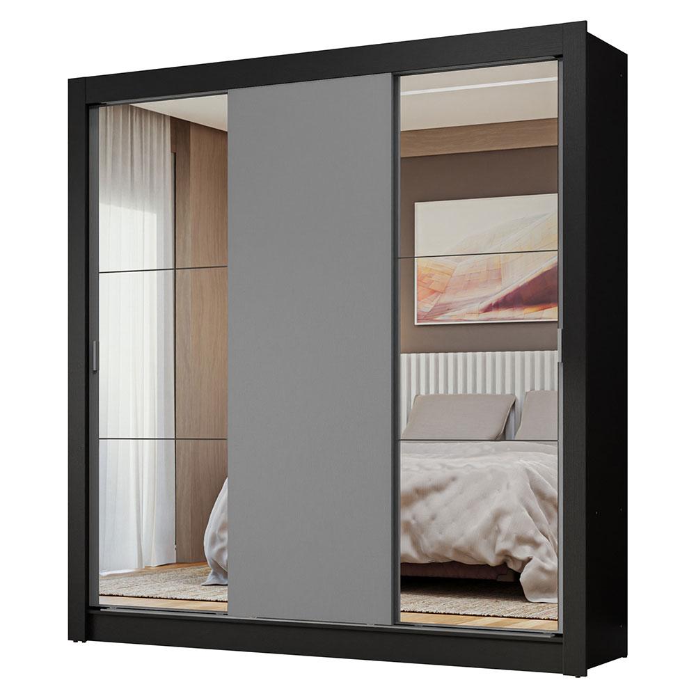 Guarda-Roupa Casal 3 Portas de Correr com Espelhos Preto/Cinza Nobre Madesa