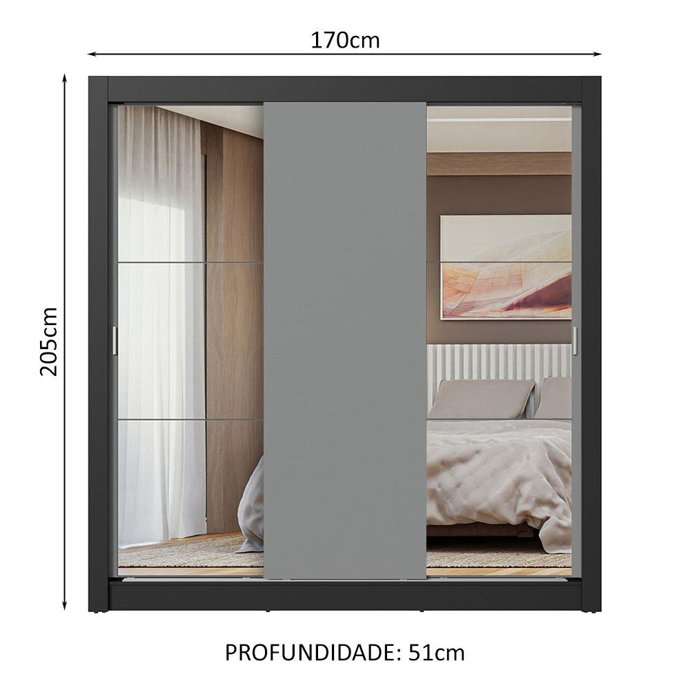 Guarda-Roupa Casal 3 Portas de Correr com Espelhos Preto/Cinza Nobre Madesa