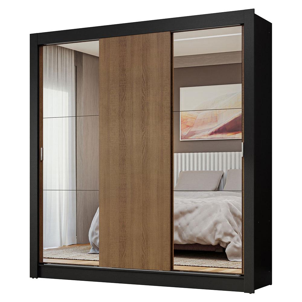 Guarda-Roupa Casal 3 Portas de Correr com Espelhos Preto/Rustic Nobre Madesa
