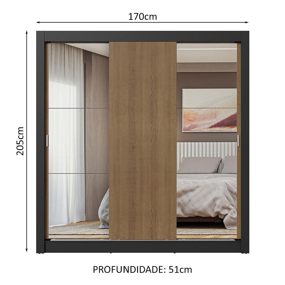 Guarda-Roupa Casal 3 Portas de Correr com Espelhos Preto/Rustic Nobre Madesa