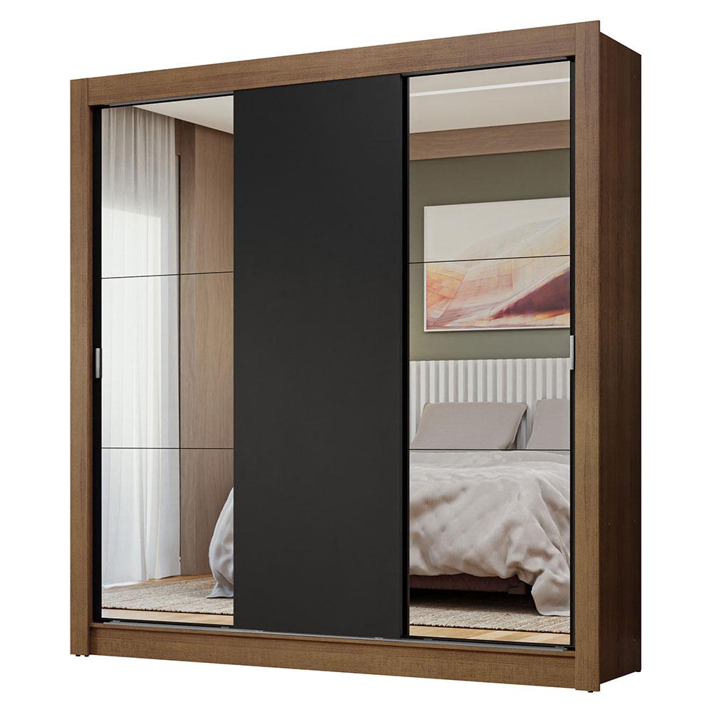 Guarda-Roupa Casal 3 Portas de Correr com Espelhos Rustic/Preto Nobre Madesa