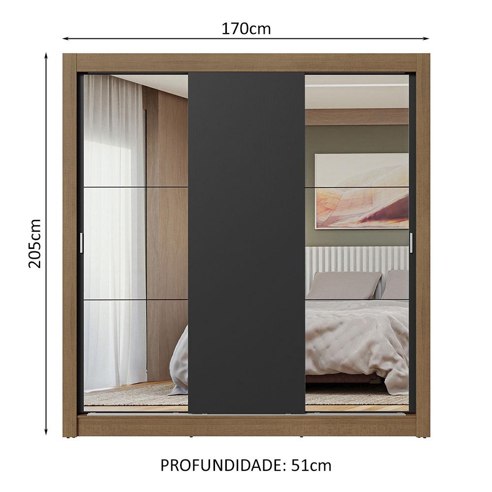 Guarda-Roupa Casal 3 Portas de Correr com Espelhos Rustic/Preto Nobre Madesa