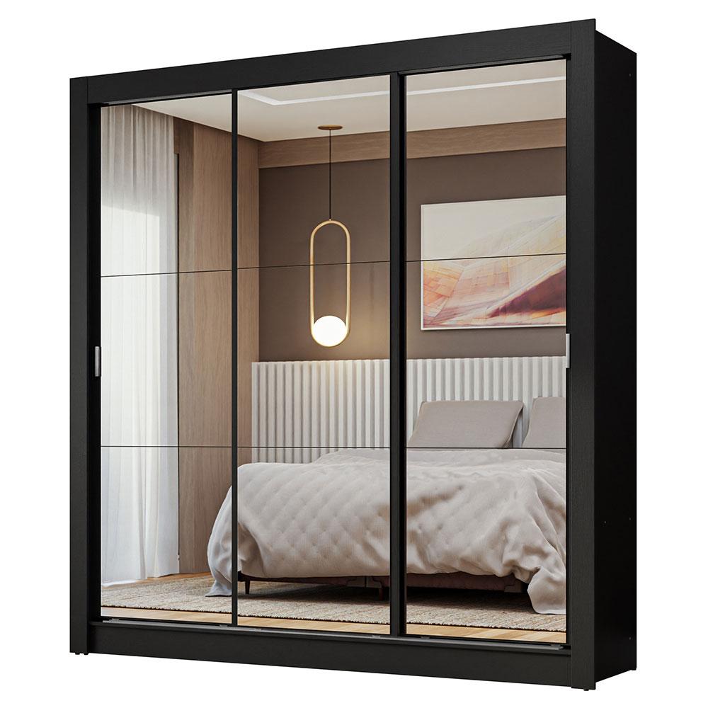 Guarda-Roupa Casal 3 Portas de Correr de Espelho Preto Nobre Madesa