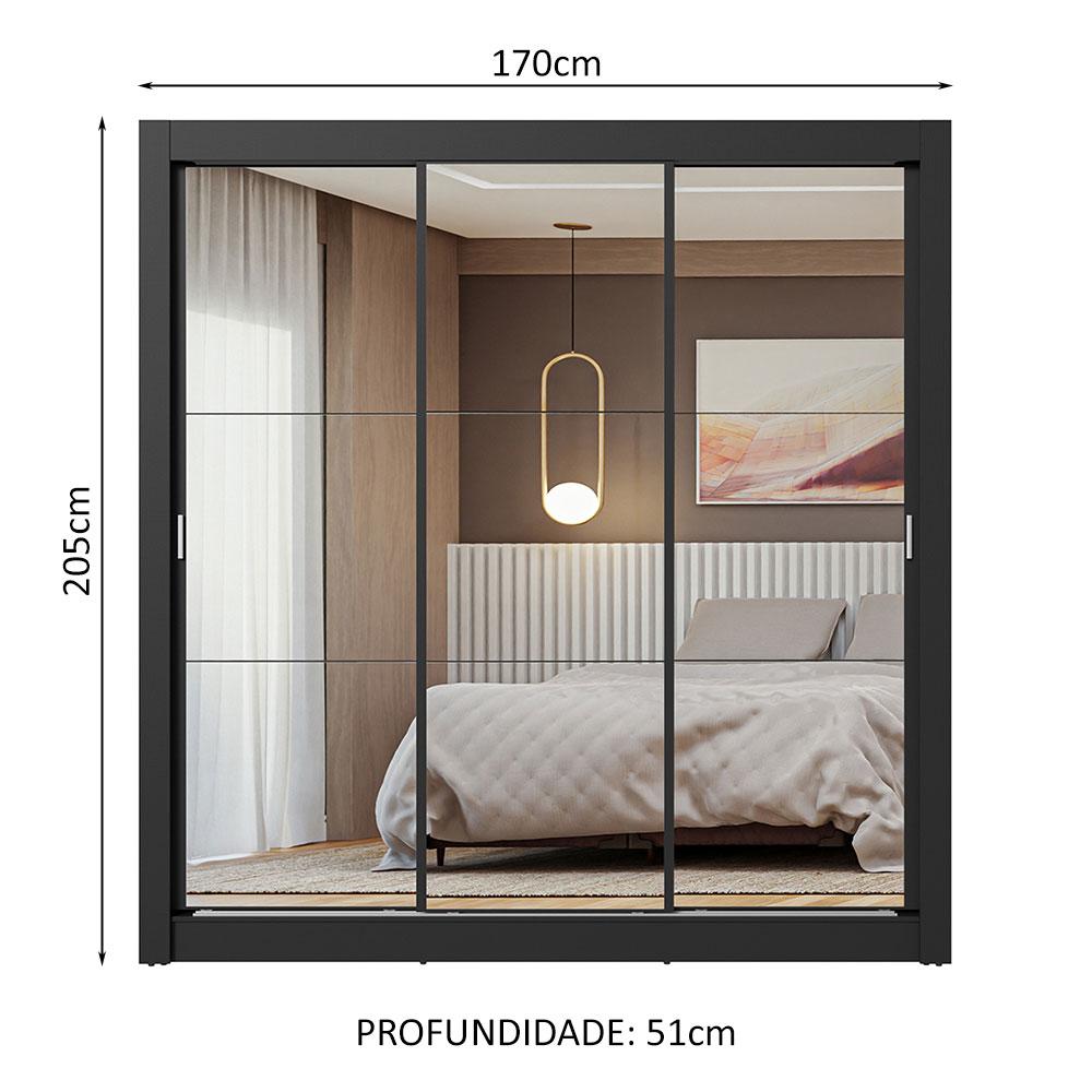 Guarda-Roupa Casal 3 Portas de Correr de Espelho Preto Nobre Madesa