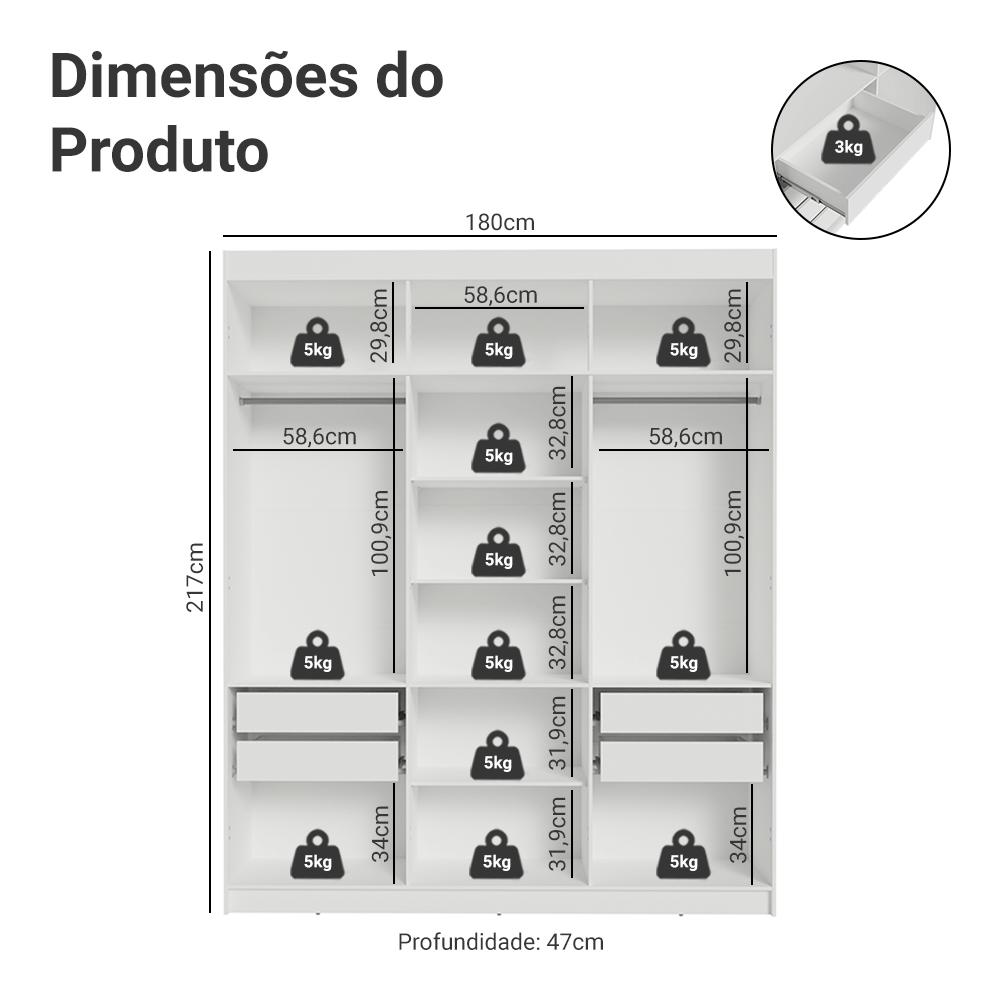 Guarda-Roupa Casal 6 Portas Batentes Branco/Branco/Preto Saturno Madesa