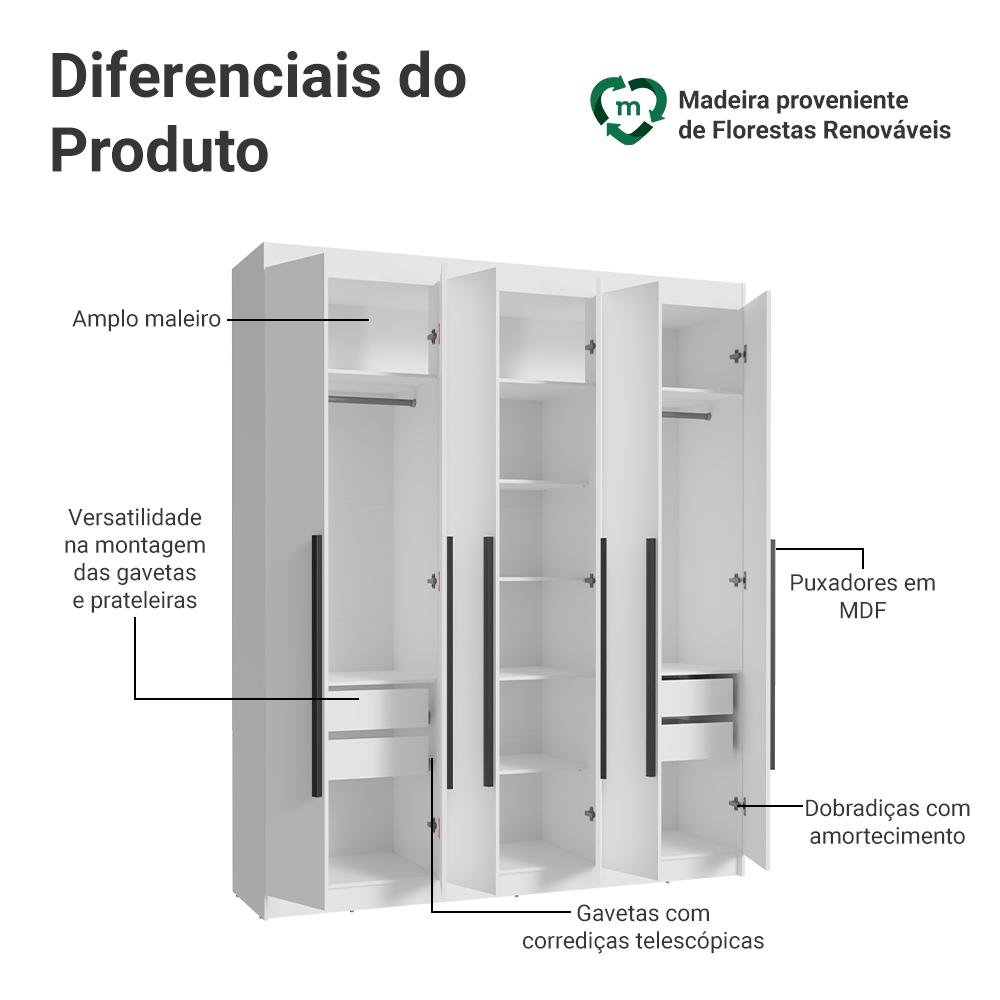 Guarda-Roupa Casal 6 Portas Batentes Branco/Branco/Preto Saturno Madesa