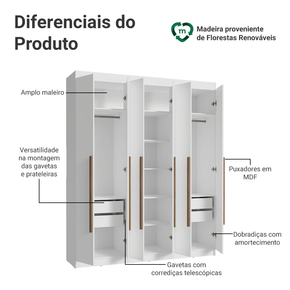 Guarda-Roupa Casal 6 Portas Batentes Branco/Branco/Rustic Netuno Madesa