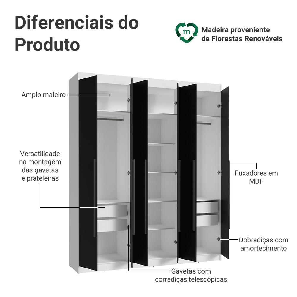 Guarda-Roupa Casal 6 Portas Batentes Branco/Preto/Preto Netuno Madesa