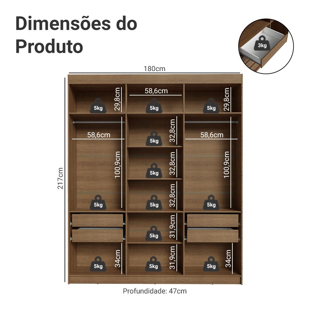 Guarda-Roupa Casal 6 Portas Batentes Rustic/Preto/Preto Saturno Madesa