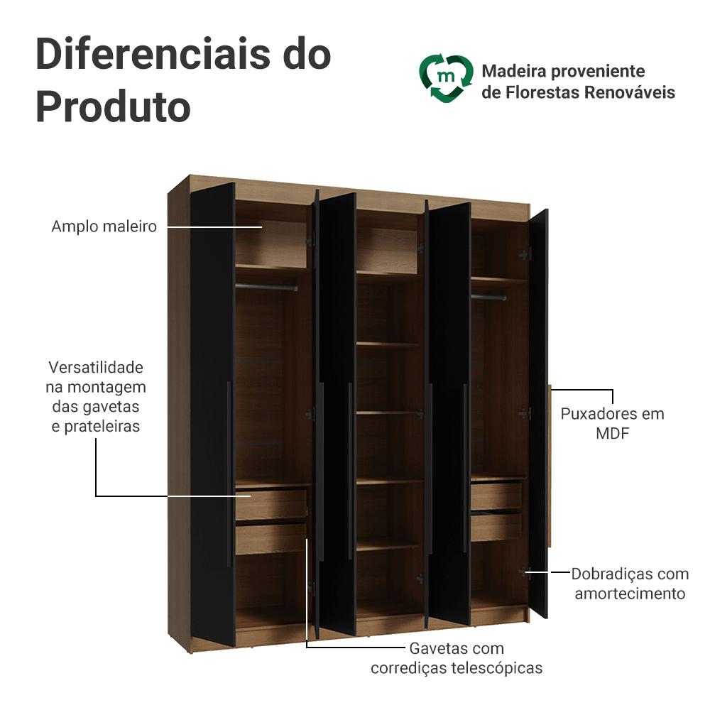 Guarda-Roupa Casal 6 Portas Batentes Rustic/Preto/Preto Saturno Madesa