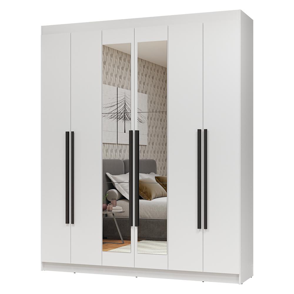 Guarda-Roupa Casal 6 Portas Batentes com Espelho Branco/Branco/Preto Netuno Madesa
