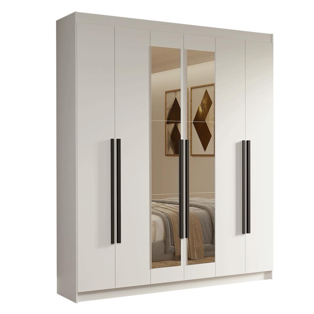 Guarda-Roupa Casal 6 Portas Batentes com Espelho Branco/Branco/Preto Venus Madesa