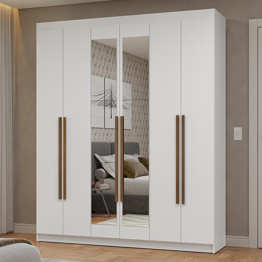 Guarda-Roupa Casal 6 Portas Batentes com Espelho Branco/Branco/Rustic Netuno Madesa