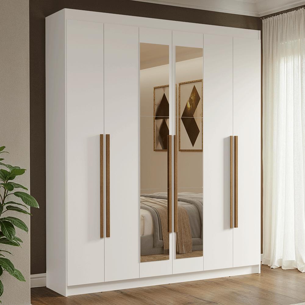 Guarda-Roupa Casal 6 Portas Batentes com Espelho Branco/Branco/Rustic Venus Madesa