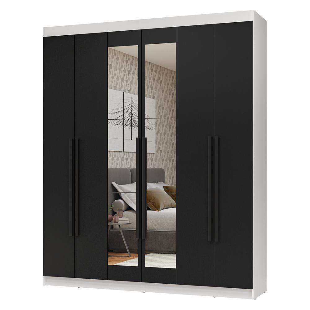 Guarda-Roupa Casal 6 Portas Batentes com Espelho Branco/Preto/Preto Netuno Madesa