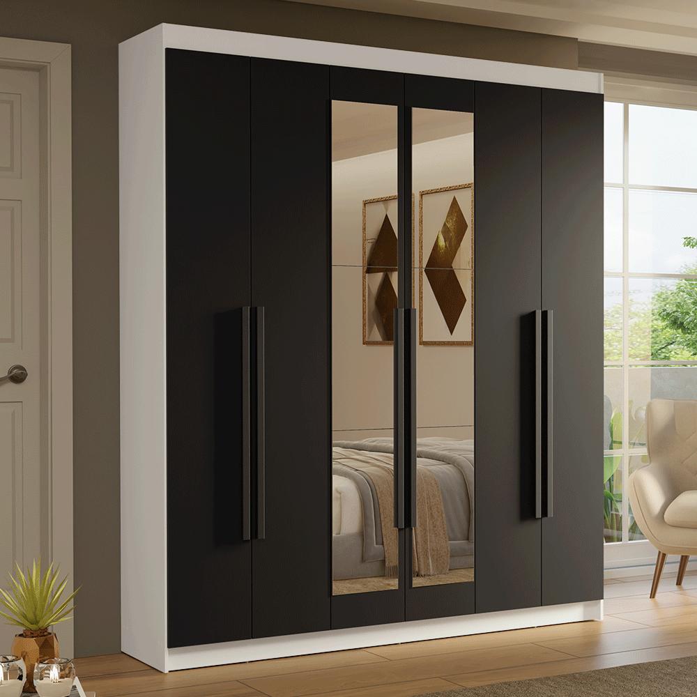 Guarda-Roupa Casal 6 Portas Batentes com Espelho Branco/Preto/Preto Saturno Madesa