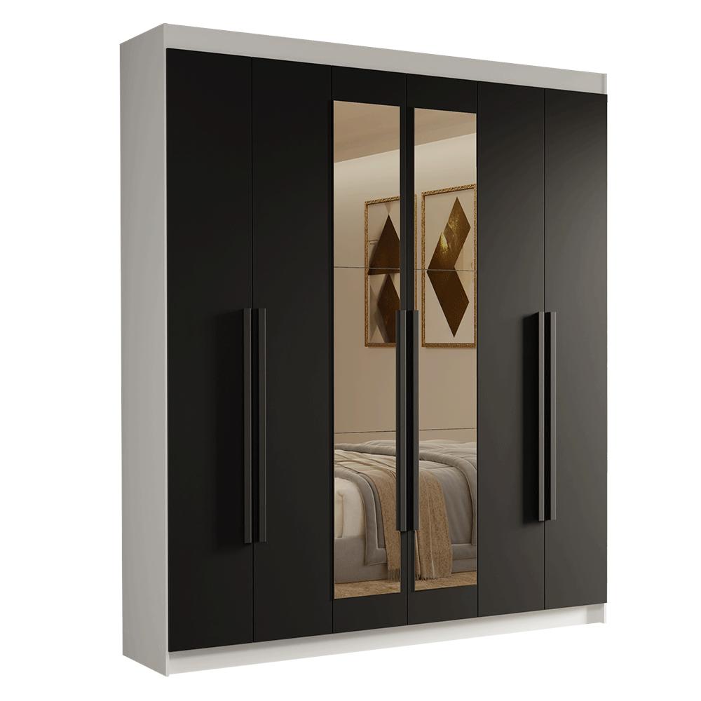 Guarda-Roupa Casal 6 Portas Batentes com Espelho Branco/Preto/Preto Saturno Madesa