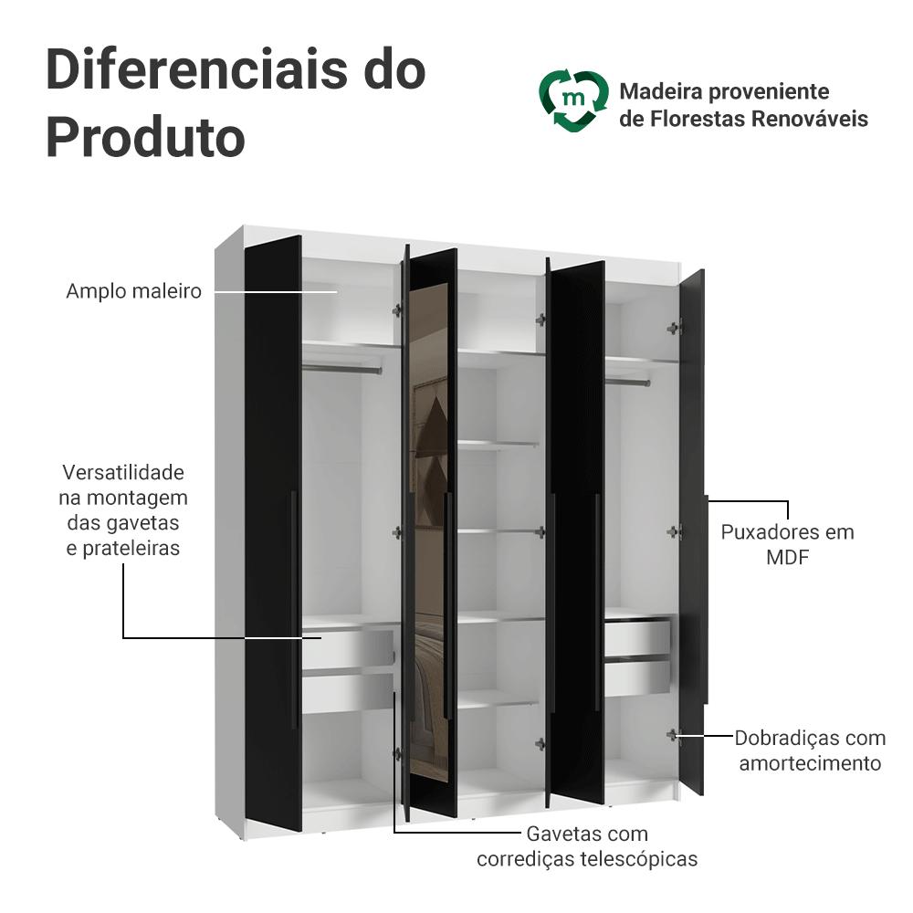 Guarda-Roupa Casal 6 Portas Batentes com Espelho Branco/Preto/Preto Saturno Madesa