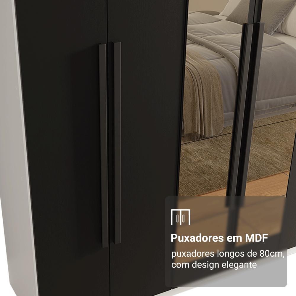 Guarda-Roupa Casal 6 Portas Batentes com Espelho Branco/Preto/Preto Saturno Madesa