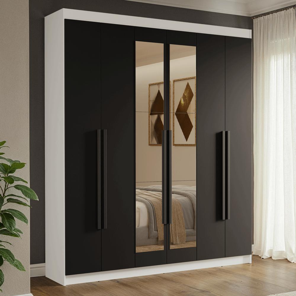 Guarda-Roupa Casal 6 Portas Batentes com Espelho Branco/Preto/Preto Venus Madesa