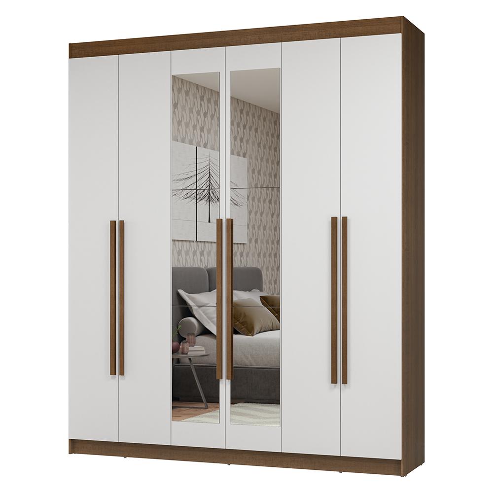 Guarda-Roupa Casal 6 Portas Batentes com Espelho Rustic/Branco/Rustic Netuno Madesa